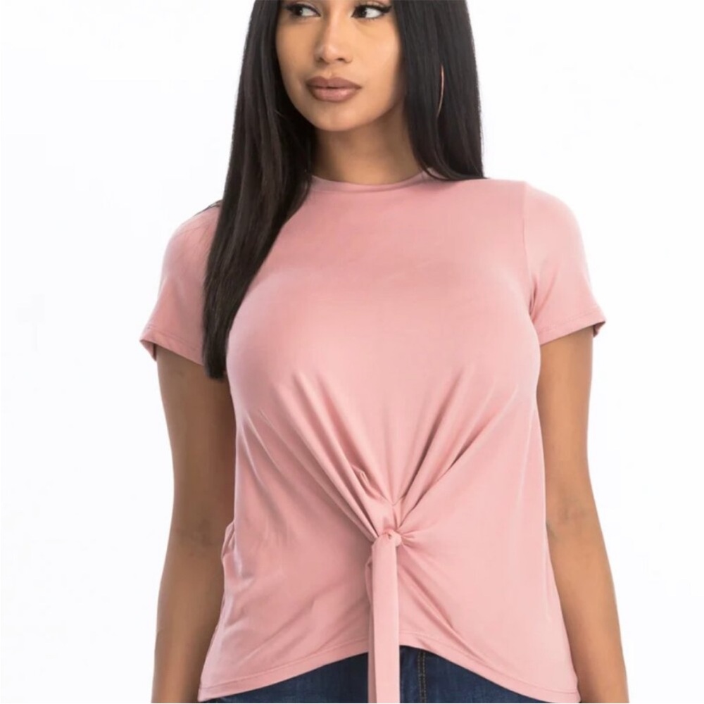 Capella Crew Neck Short Sleeve T-Shirt, Tie Front, Very Soft, Dusty Rose, Size L
